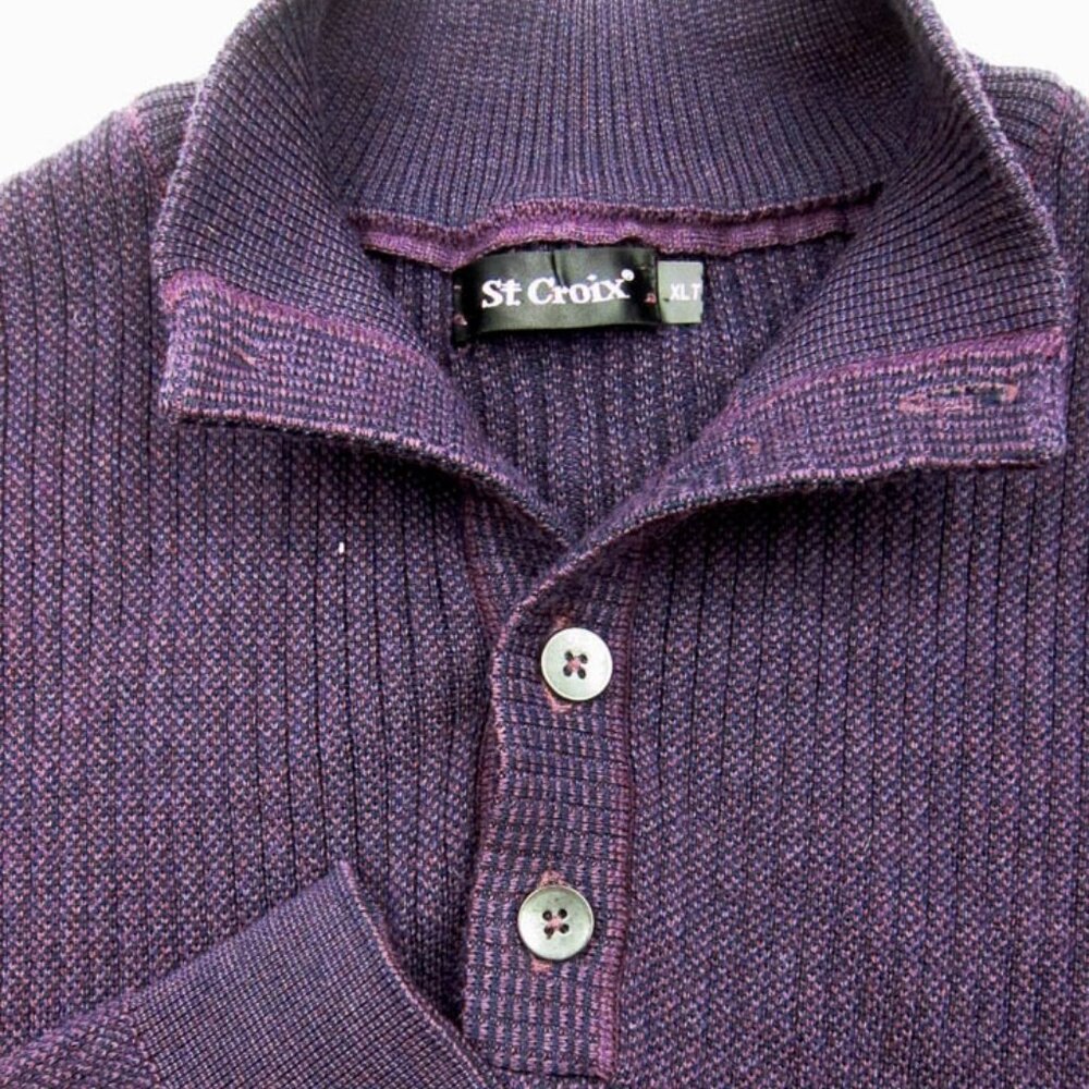 PRISTINE St. Croix Knits Wool & Cotton Blend Purple Henley Polo Sweater XL XLT